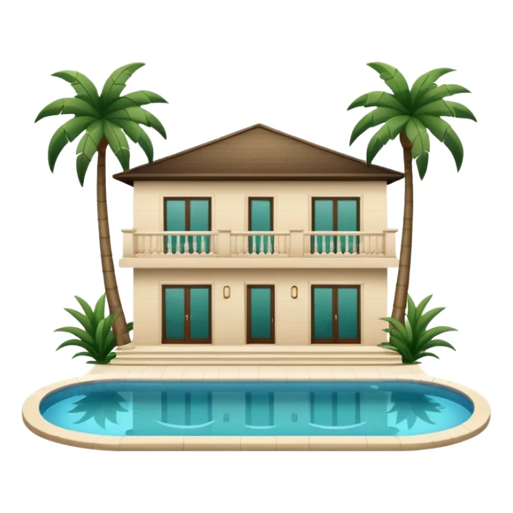 light beige luxury villa with dark green palm trees and swimming pool, side view, emoji style sticker