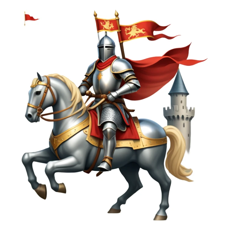 An icon representing an adventure game, inspired by medieval fantasy worlds. The design features a noble knight in gleaming armor, riding a powerful warhorse through a misty battlefield. The backdrop includes towering castles and banners flying in the wind, evoking a sense of honor, duty, and epic quests. Transparent background. sticker