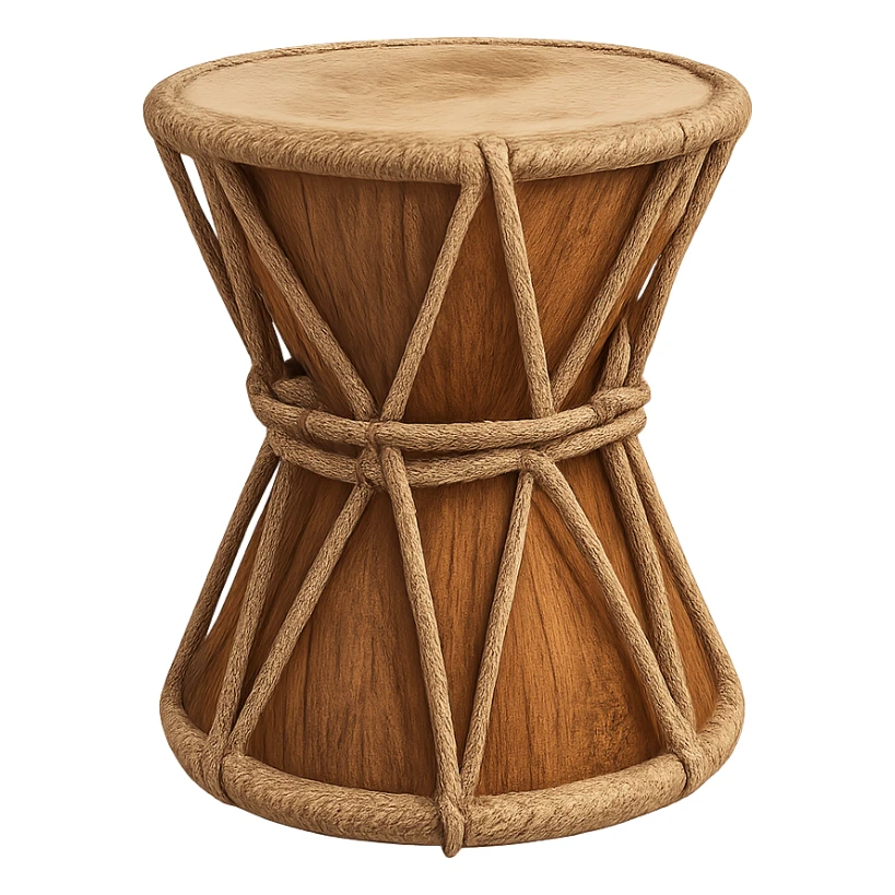 classic damru with wooden texture and rope, no text sticker