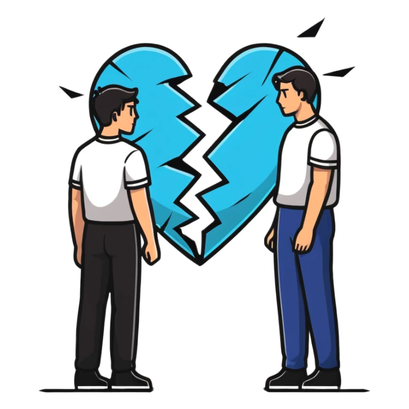 two men gay couple breaking up with a large shattered heart between them sticker