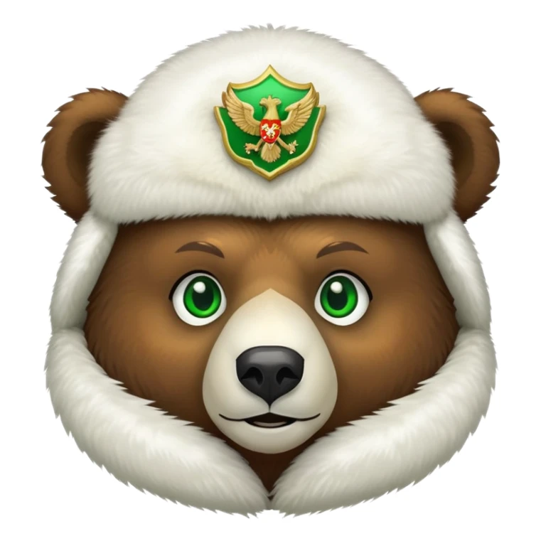 Friendly brown bear face with bright green eyes in a white fur ushanka with centered double-headed eagle emblem, Russian styled sticker