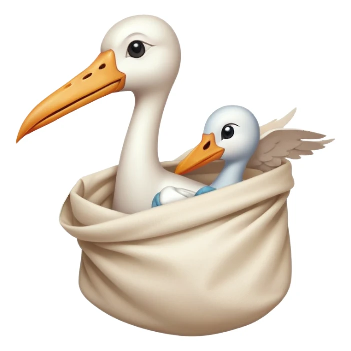 stork delivering a human baby in a white cloth bag sticker