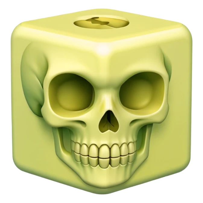 A green cube with a pastel yellow skull on it sticker
