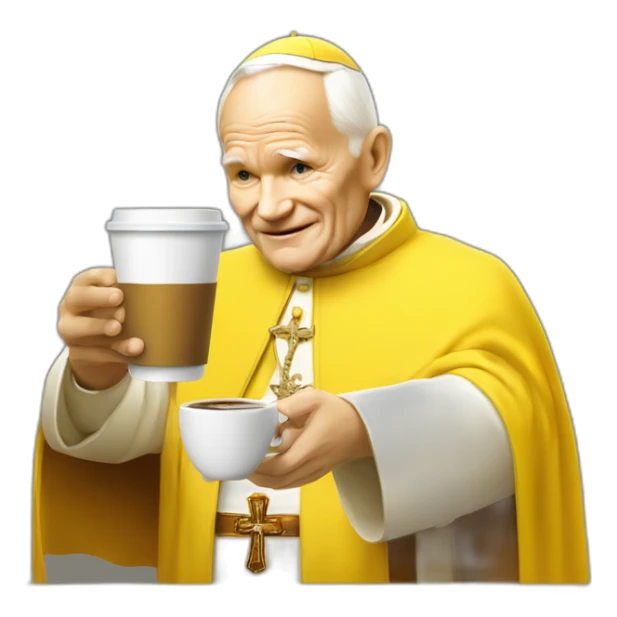 yellow emoji style pope John Paul II offering coffee sticker