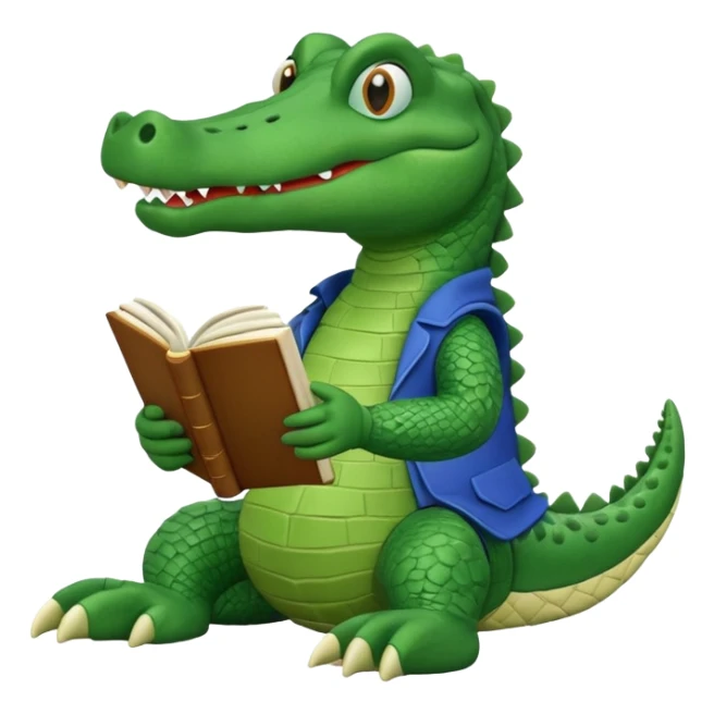 A claymation-style academic alligator with a book. The background is a solid white circle sticker