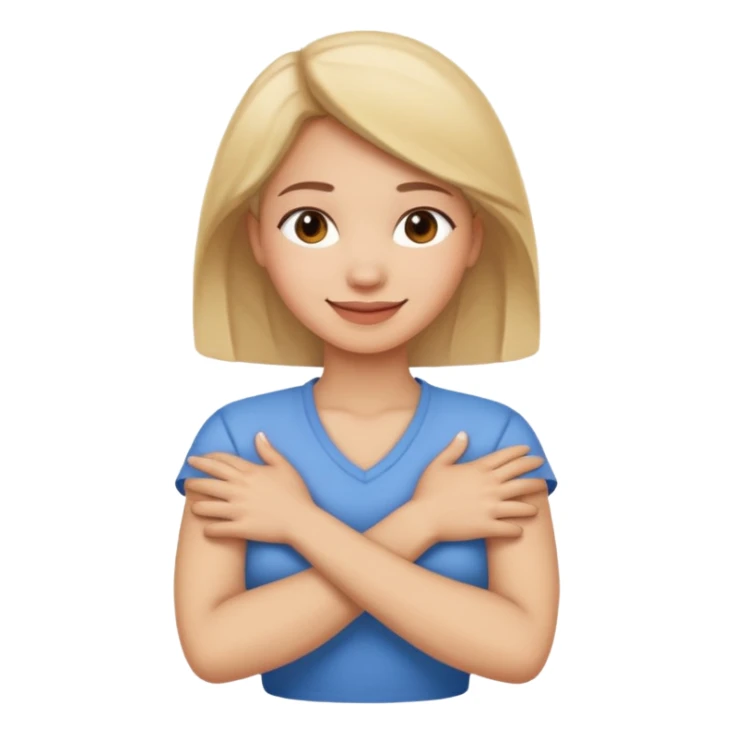 Smiling woman with crossed arms holding neck sticker