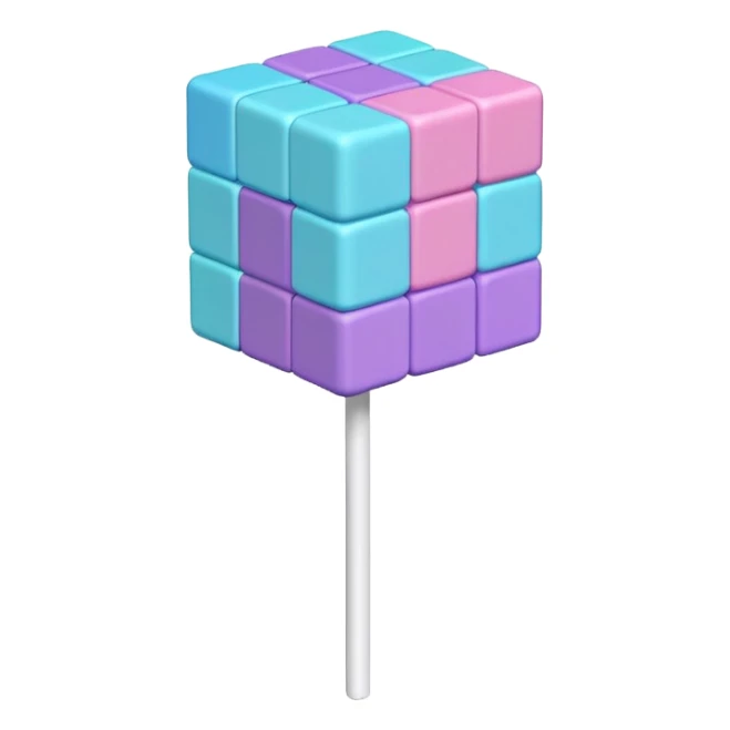 Sure! Here’s a shorter Genmoji prompt:  ⸻  Prompt: Pastel cube lollipop with stacked blocks in pink, purple, blue, and cyan. Textured, voxel-style, on a white stick. sticker