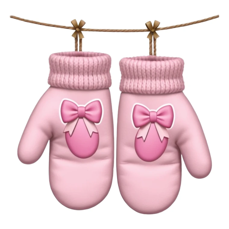 pastel pink pair of mittens connected by string and a bow sticker