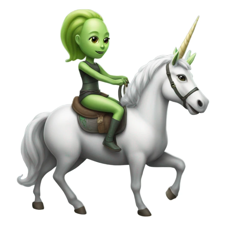 a green  alien woman on a grey white unicorn sticker