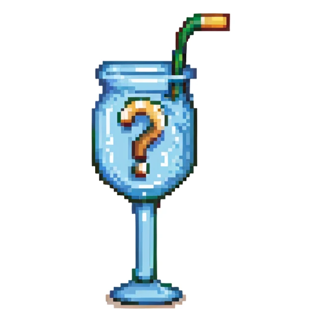 silhouette of a glass with a straw covered by a question mark, pixel art style sticker