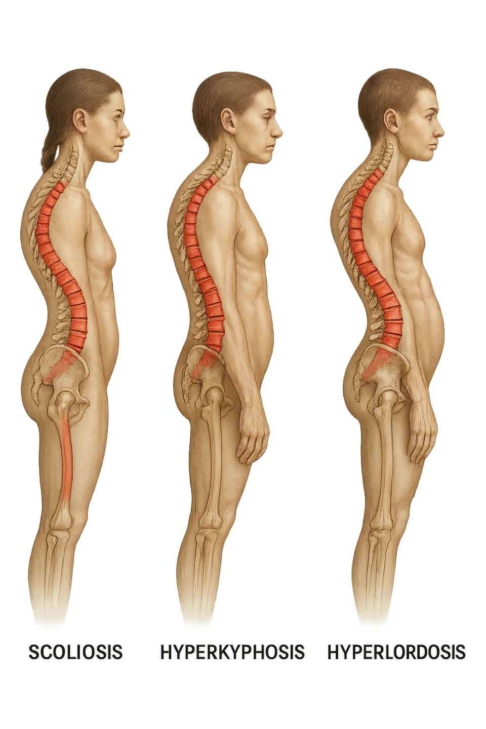 fai un immagine identica che riguarda 3 posture scorrette: scoliosi, ipercifosi e iperlordosi. falla iperrealistica anatomica in 4k con spina dorsale storta in evidenza su ogni figura sticker