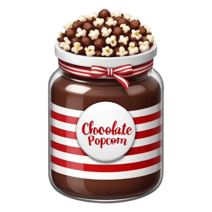 Chocolate popcorn in a jar with red and white lines sticker