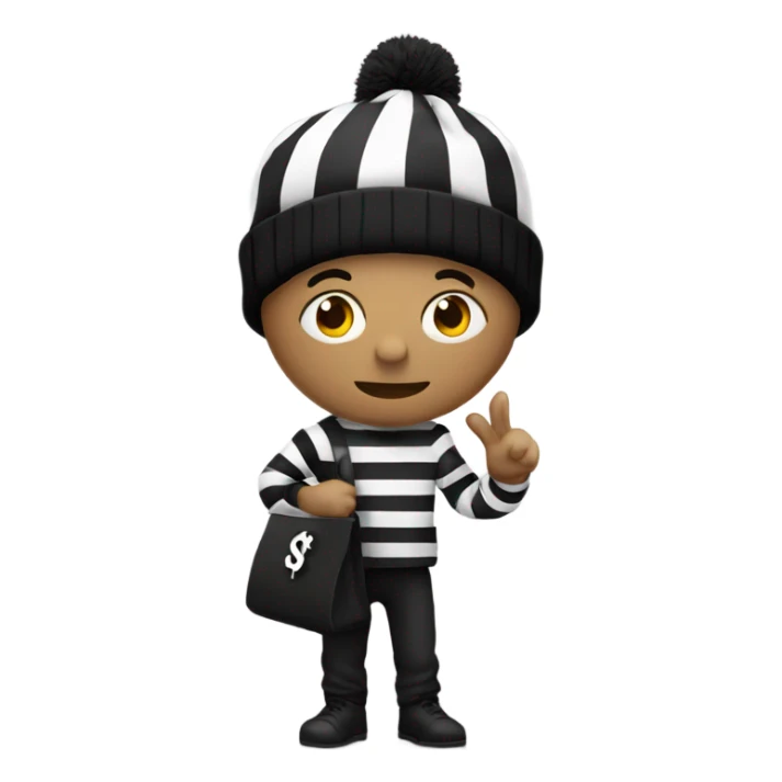 Guy wearing all black and white stripes and a black beanie holding a bag with the $ symbol on it sticker