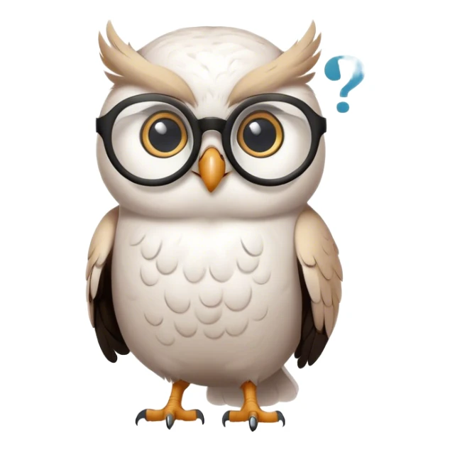 Small white elegant owl with glasses on looking at a puffy black question mark in a white thought bubble sticker