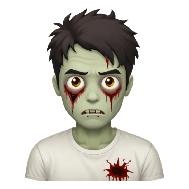 make an emoji of a dark haired guy with a messy head with thick eyebrows, brown eyes, zombie in white tee sticker
