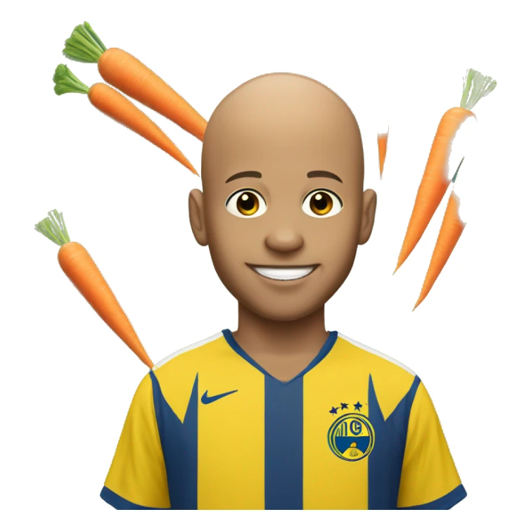 A bald boy wearing a yellow Neymar jersey holding carrots sticker