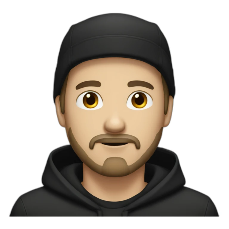 White man with goatee beard, black cap and black hood sticker