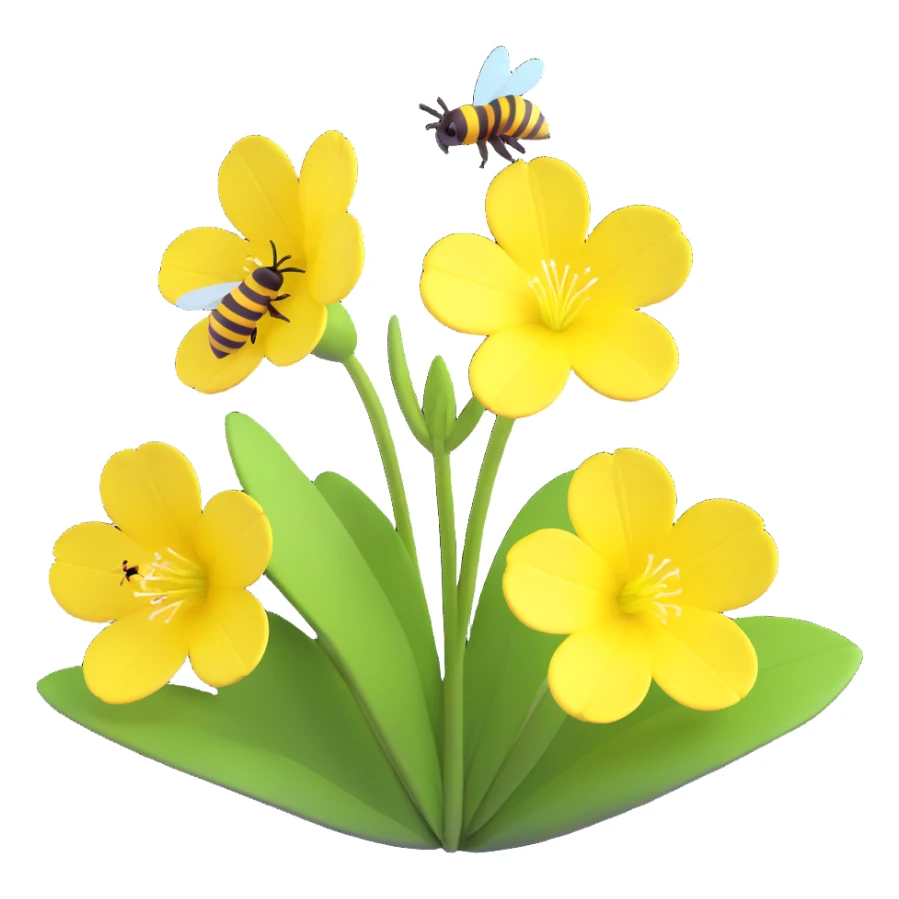 evening primrose and bee, 3D iOS style, cartoonish shapes, expressive light and shadow, clean background sticker