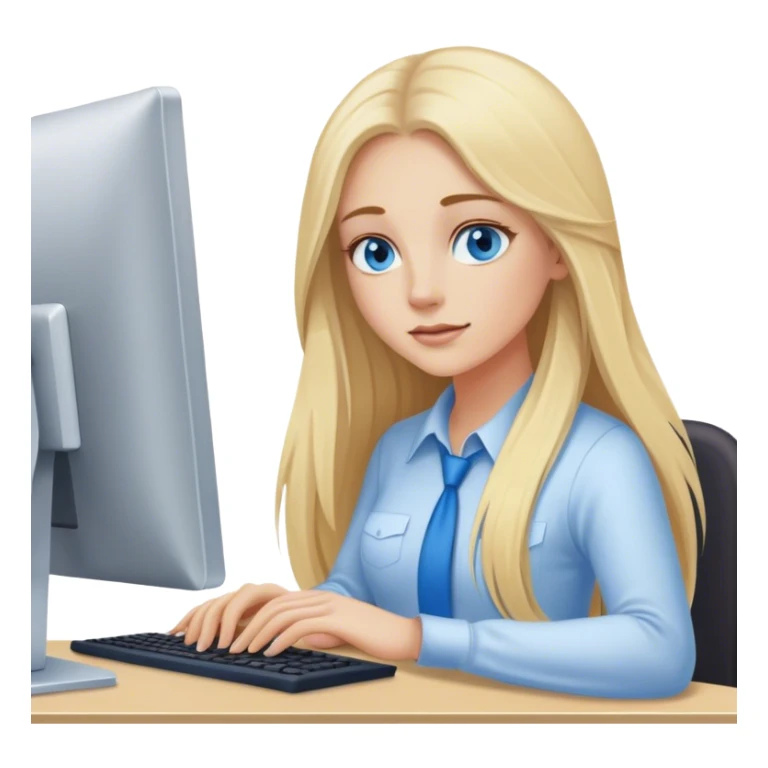 Cinematic realistic blonde with long hair, blue eyes is working at a computer sticker