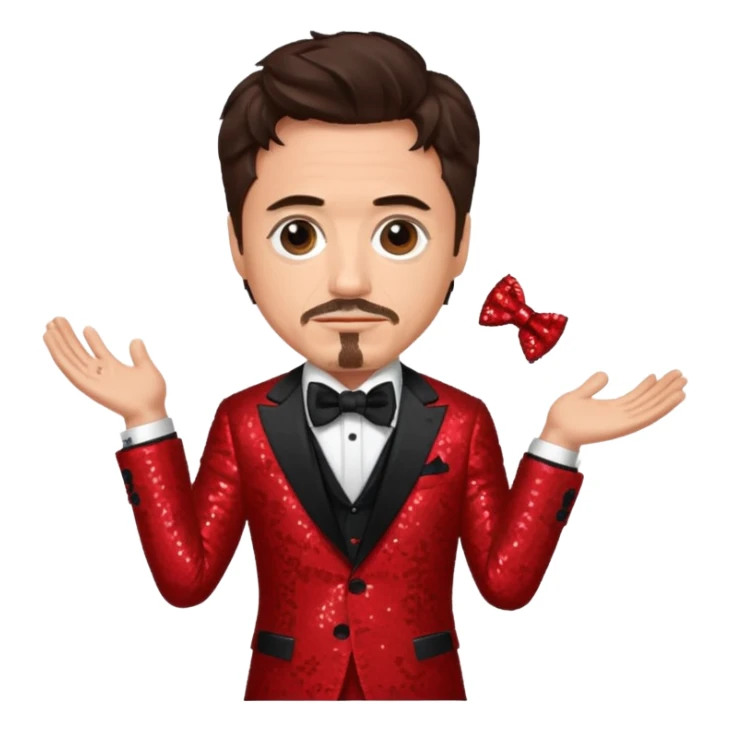Robert Downey Jr with dark brown hair, red sequin suit with bow tie sticker
