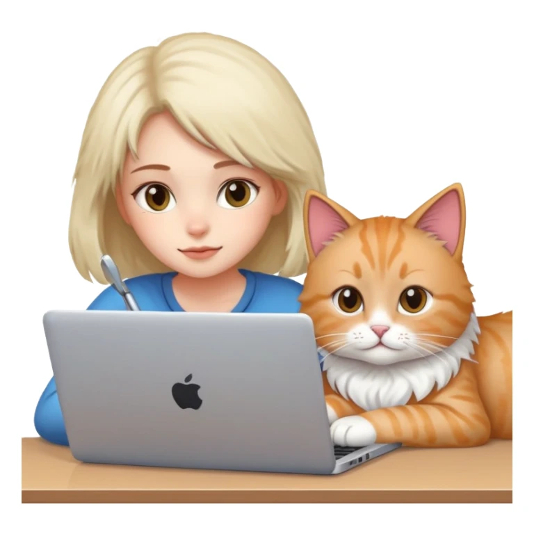 A girl is working on a laptop with a cat lying next to it sticker