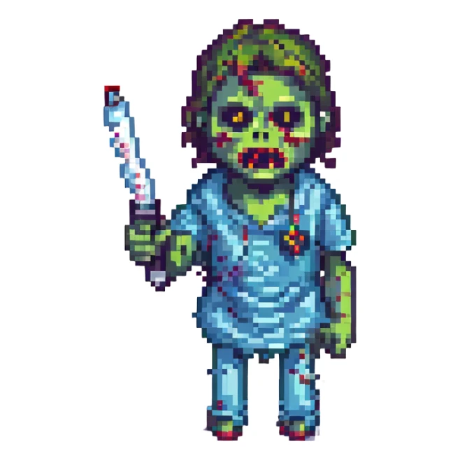 zombie holding a syringe, pixel art style sticker