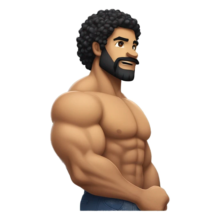muscular bicep flexing, tight black curly hair, sandy brown skin, thin stash and beard. sticker