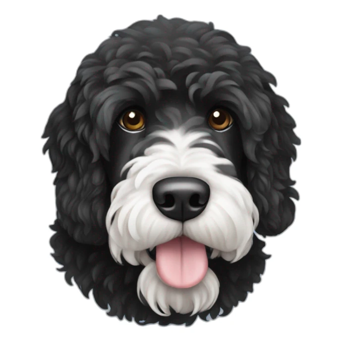 black Portuguese water dog with white chin sticker
