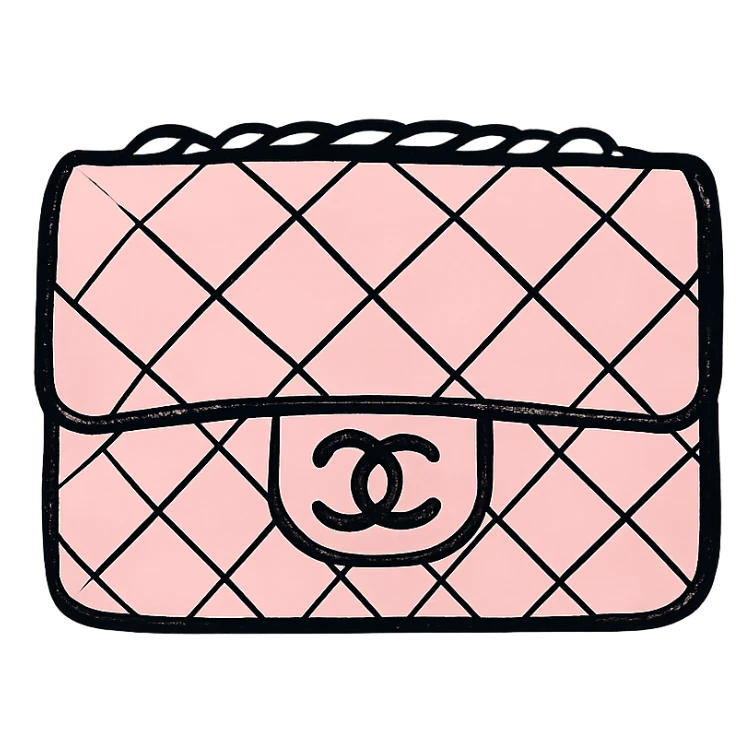 pink Chanel purse with quilted pattern, hand-drawn black outline icon style, no fill sticker