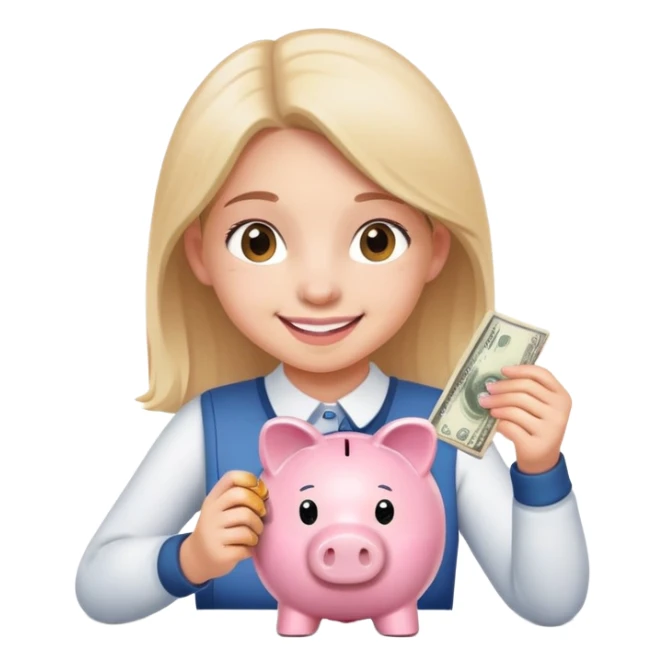 smiling girl carefully putting coins and bills into piggy bank sticker