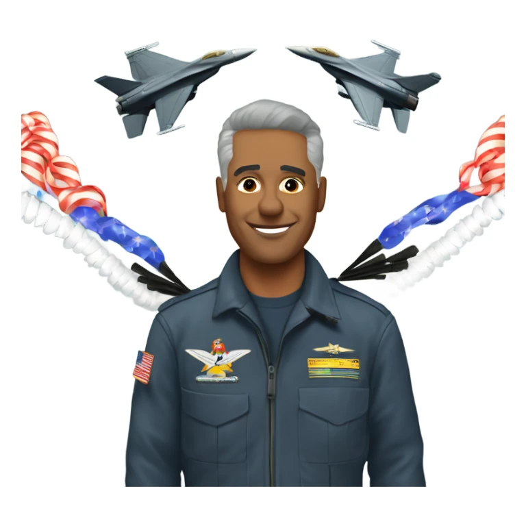 Old fighter pilot standing on ground with F-16 dropping new year streamers from the sky sticker