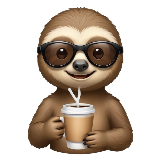 Create a high-quality emoji-style cartoon character of a smiling sloth named Sam. He wears black sunglasses and holds a small fuel nozzle in one hand, and a coffee cup in the other. The expression is relaxed and confident. The emoji should have a clean, minimal outline and be optimized for small size display. Transparent background. sticker