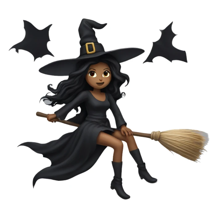 dark long hair witch flying on a broom white skin sticker