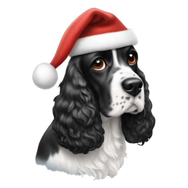 black and white english cocker spaniel with spots on nose and santa hat sticker