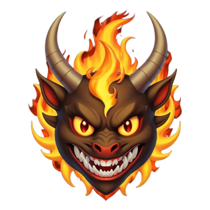 Create a dark-themed emoji of a demonic face with sharp, curved horns, glowing white eyes, an evil grin with large pointed fangs, and abstract flame-like patterns around the face.  sticker