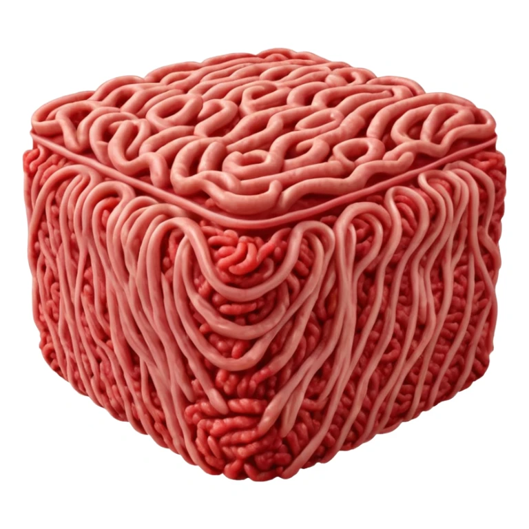 raw ground beef, vivid red color, dense compact texture, visible strands of minced meat, moist fresh surface, no patty shape, no garnish, herbs, plate, or extras, soft lighting, subtle shadows, emoji scale sticker