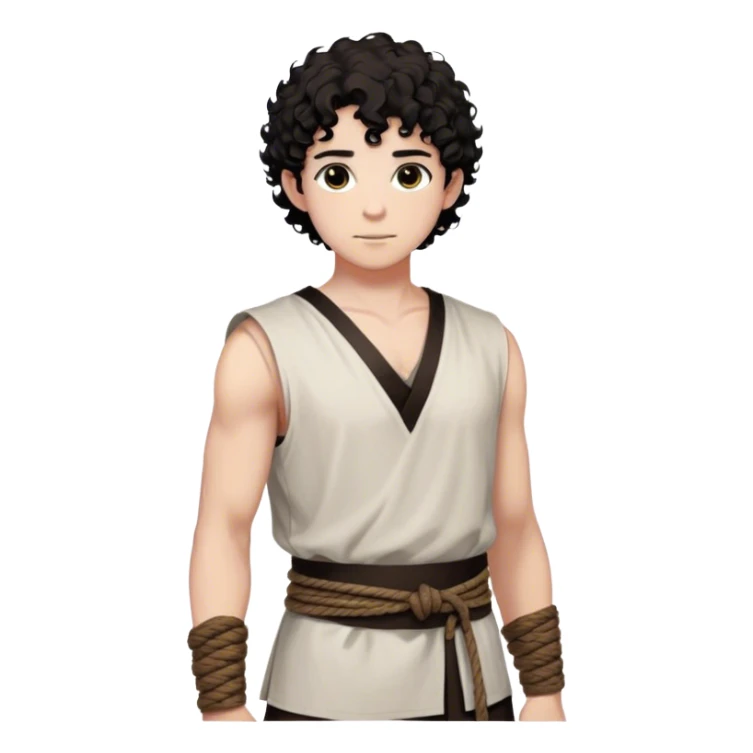 medieval summer outfit worn by a DnD themed fantasy male character. basic sleeveless cotton tunic with a V-shaped neckline and a thin rope belt. clothes only above the waist. The clothes full waist. The character's haven't arms. character is white-skinned, black hair, brown eyes, short curly hair. sticker