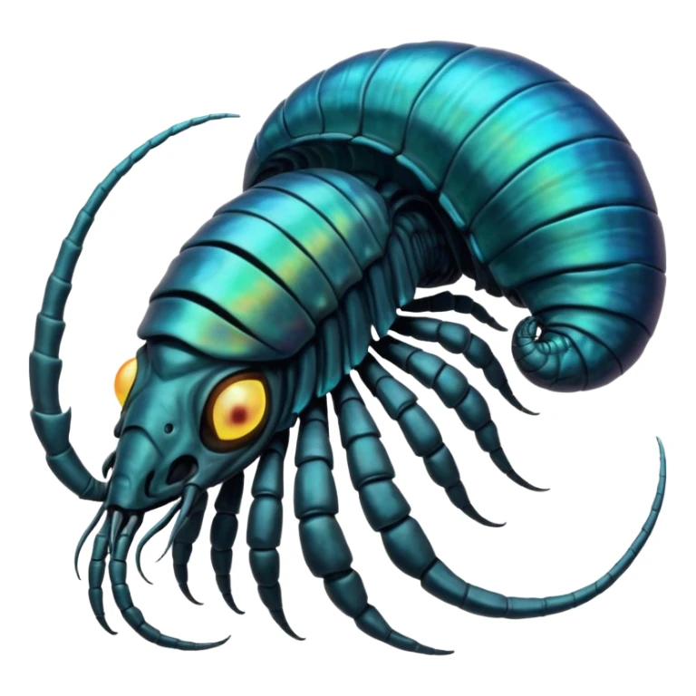 An iridescent, chitinous trilobite with glowing cyan eyes pulses rhythmically as a miniature black hole orbits its brow, distorting space-time. Its fractal-patterned exoskeleton shifts colors unsettlingly, and its mouth opens into a spiraling void that hums with forgotten whispers. sticker