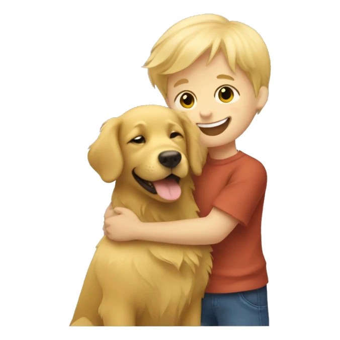 little blonde boy hugging a happy golden retriever  sticker