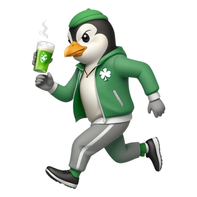 full body friendly anthropomorphised penguin wearing green mafia-style tracksuit, angry, running determined sprint, shamrock accessory, no drink sticker