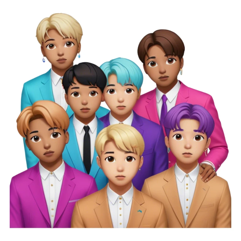 Cinematic Realistic group portrait of BTS featuring all 7 members in stylish modern attire, with detailed facial expressions and vibrant colors, captured in dynamic, contemporary lighting that emphasizes their global pop icon status sticker