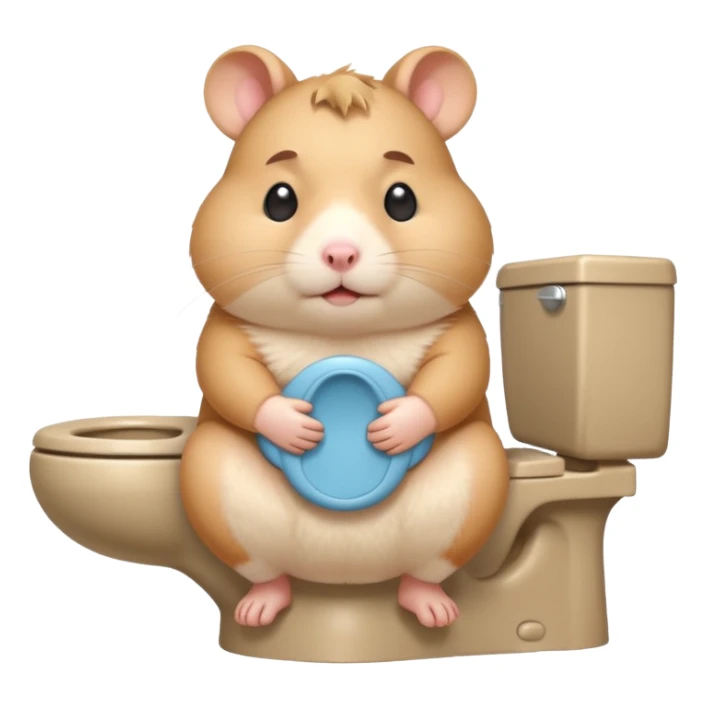 Cute chubby cartoon-style hamster sitting on toilet pooping looking as if he had an accident sticker