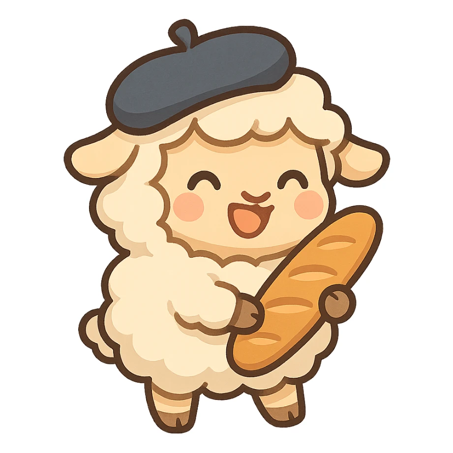 French sheep with a beret, carrying a baguette, cheerful style, chibi stickers style sticker