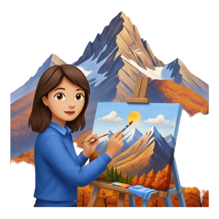 Brunette Artist painting a beautiful autumn mountain peak destination on canvas sticker
