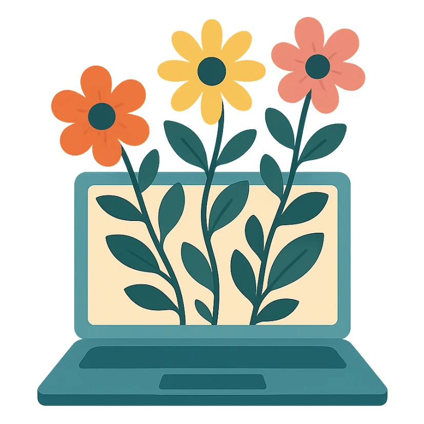 flat design style computer with flowers growing out of it sticker