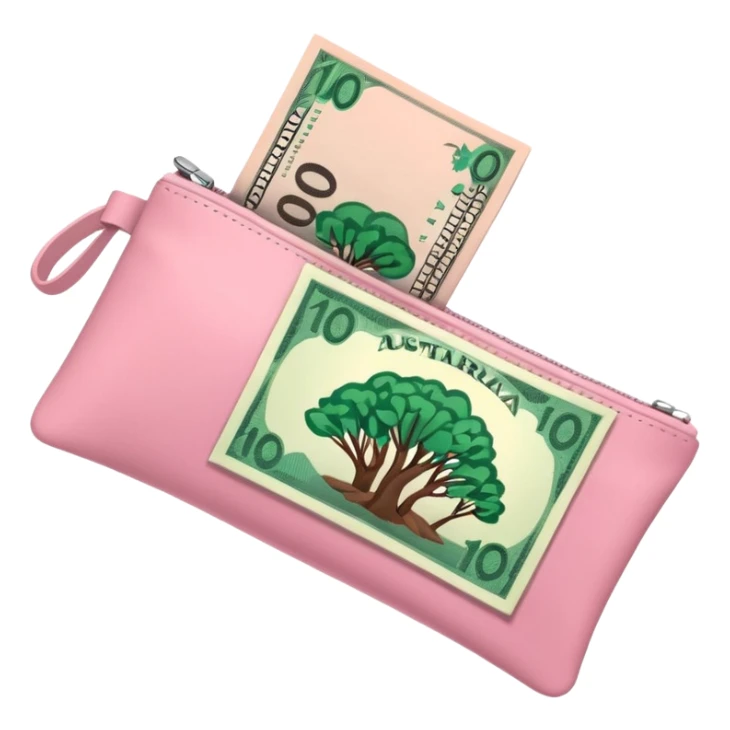 Forest Green Australian $100 long rectangle money notes overflowing in a pink pouch sticker