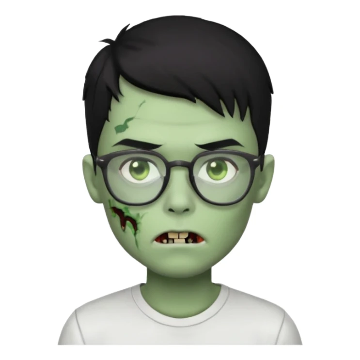 zombie boy with black hair, glasses, white shirt, green skin sticker