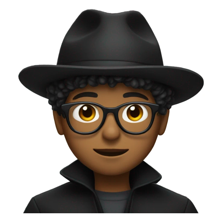 A boy with a wide-brimmed black hat, optical glasses, and a black coat sticker
