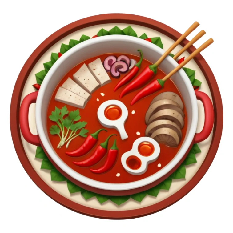A hot pot emoji in top-down view. The pot is divided into two sections: one with spicy red broth filled with chili peppers, and one with mild white broth. Surround the pot with rolled slices of meat, vegetables, and mushrooms.The meat outside the pot sticker