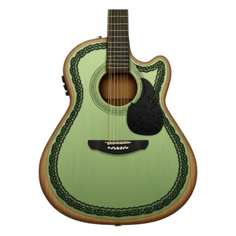sage green acoustic guitar with black lacy-details sticker